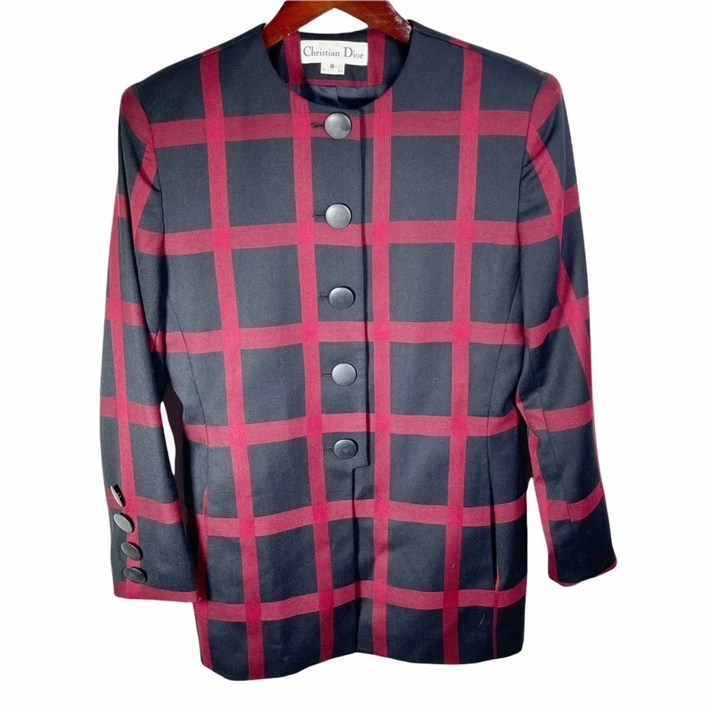 Christian Dior Vintage Wool Plaid Blazer Black Red